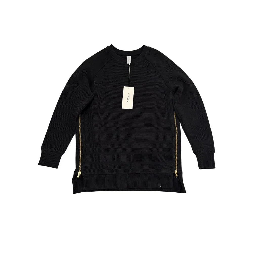 NWT Varley Manning Sweatshirt XS Black Side Zippers Long Sleeve‎ Ribbed Crewneck
